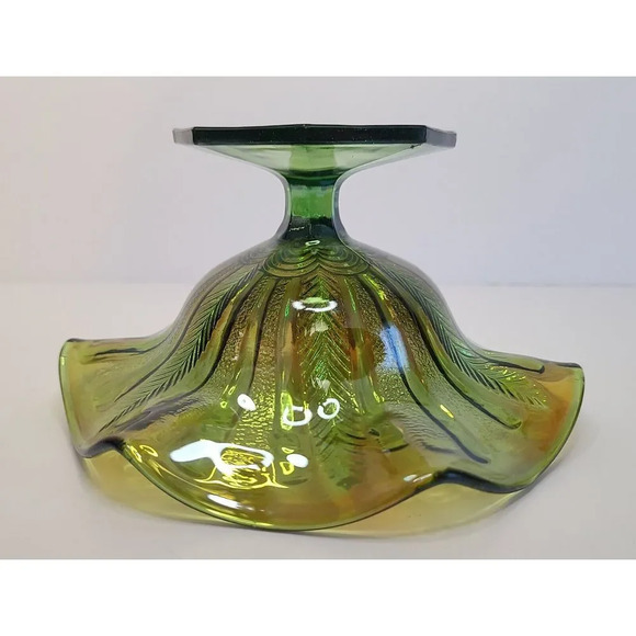 Vintage Millersburg Peacock Green Carnival Glass 6" Ruffled Edge Candy‎ Dish - Picture 7 of 7